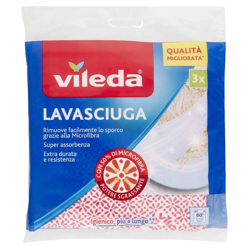 Vileda Lavasciuga - panni multiuso per piatti e stoviglie, con 50% in microfibra, 3x 34x34 cm