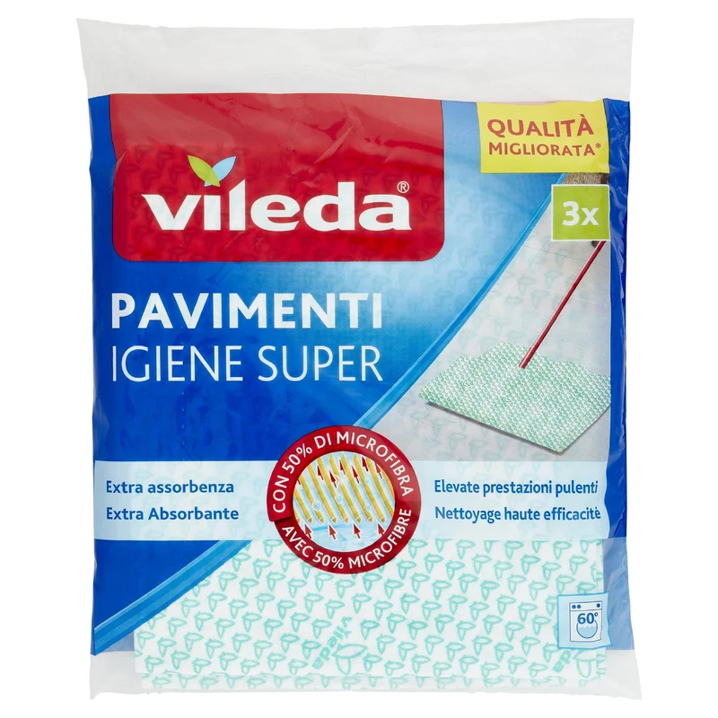 Vileda Igiene Super - panni per pulire tutti i tipi di pavimento, con 50% in microfibra, 3x 45x50 cm