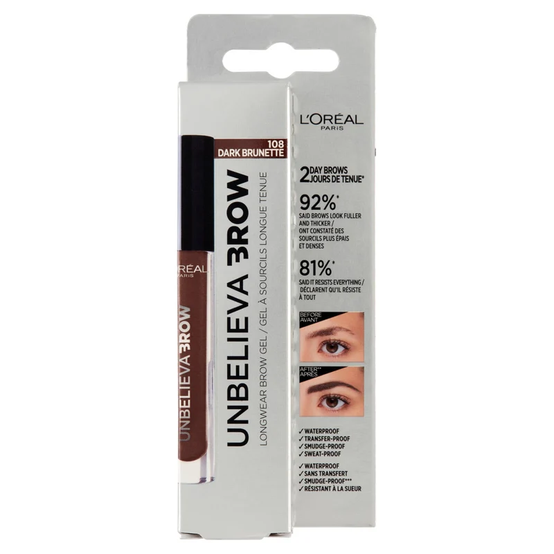 L'Oréal Paris Gel per Sopracciglia a Lunga Tenuta Unbelievabrow, Waterproof, 108 Cool Brunette