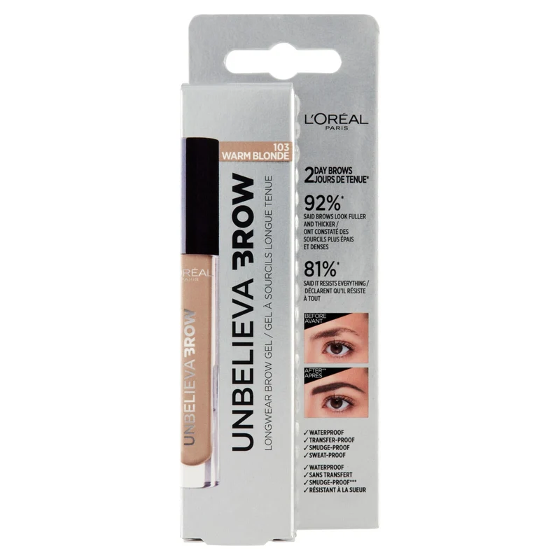L'Oréal Paris Gel per Sopracciglia a Lunga Tenuta Unbelievabrow, Formula Waterproof, 103 Warm Blonde