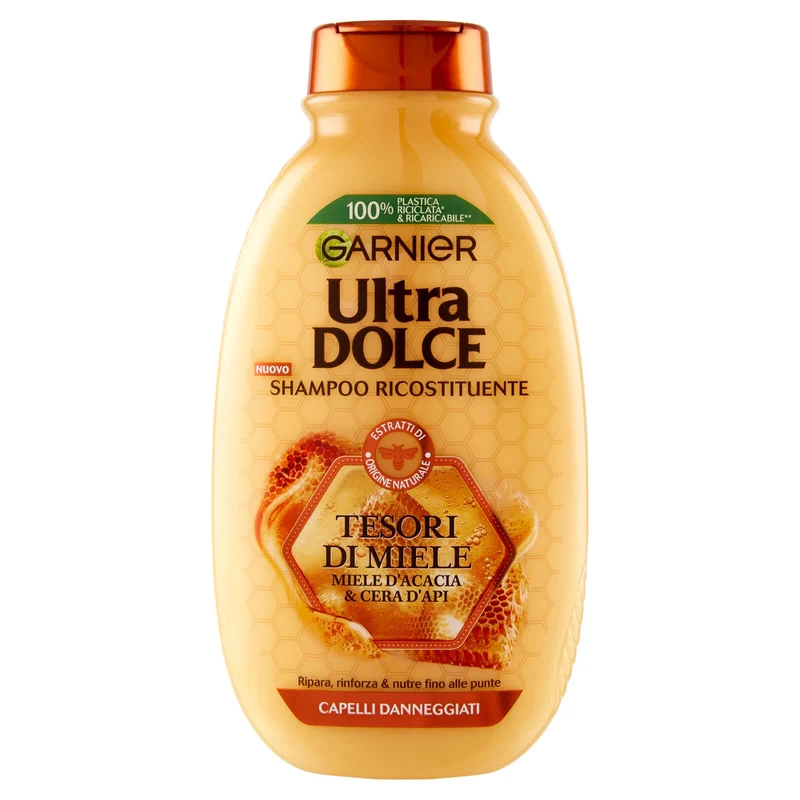 Garnier Ultra Dolce Tesori di Miele, Shampoo Riparatore, 94% Origine Naturale, Capelli Danneggiati, Senza Siliconi, 250ml