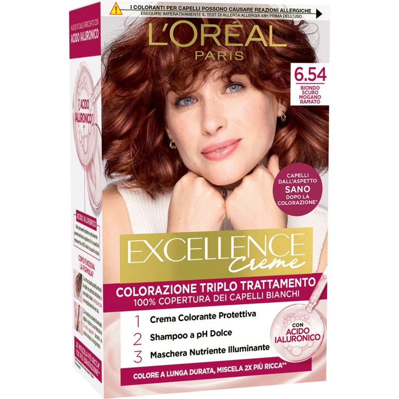 L'Oréal Paris Colorazione Triplo Trattamento Excellence, Con Acido Ialuronico, 100% Copertura Capelli Bianchi, Per Capelli Più Idratati, Biondo Scuro Mogano Ramato (6.54)