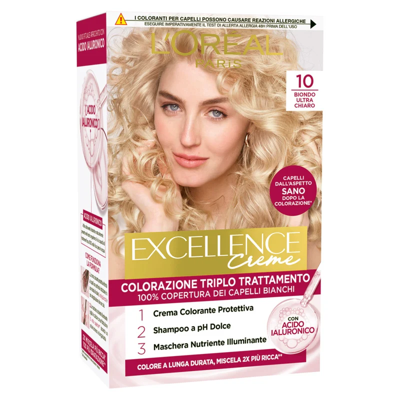 L'Oréal Paris Colorazione Triplo Trattamento Excellence, Con Acido Ialuronico, 100% Copertura Capelli Bianchi, Per Capelli Più Idratati, Biondo Ultra Chiaro (10)