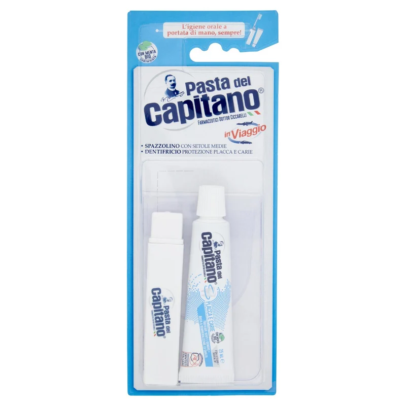 Pasta del Capitano in Viaggio Spazzolino Setole Medie, Dentifricio Protezione Placca e Carie 25 ml