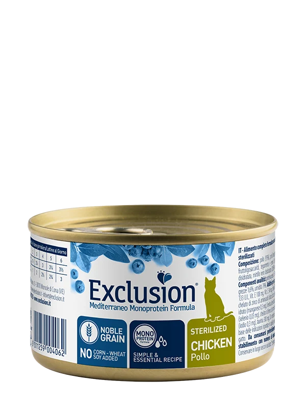 Exclusion Mediterraneo Noble Grain Gatto Adulto Sterilizzato Al Pollo Lattina 85gr