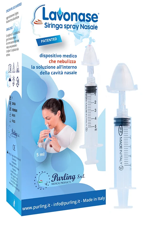 Lavonase siringa spray nasale 5 ml luer-lock con cappuccio+ugello nasale con raccordo luer-lock+perforatore con valvolanon ritorno con tappo