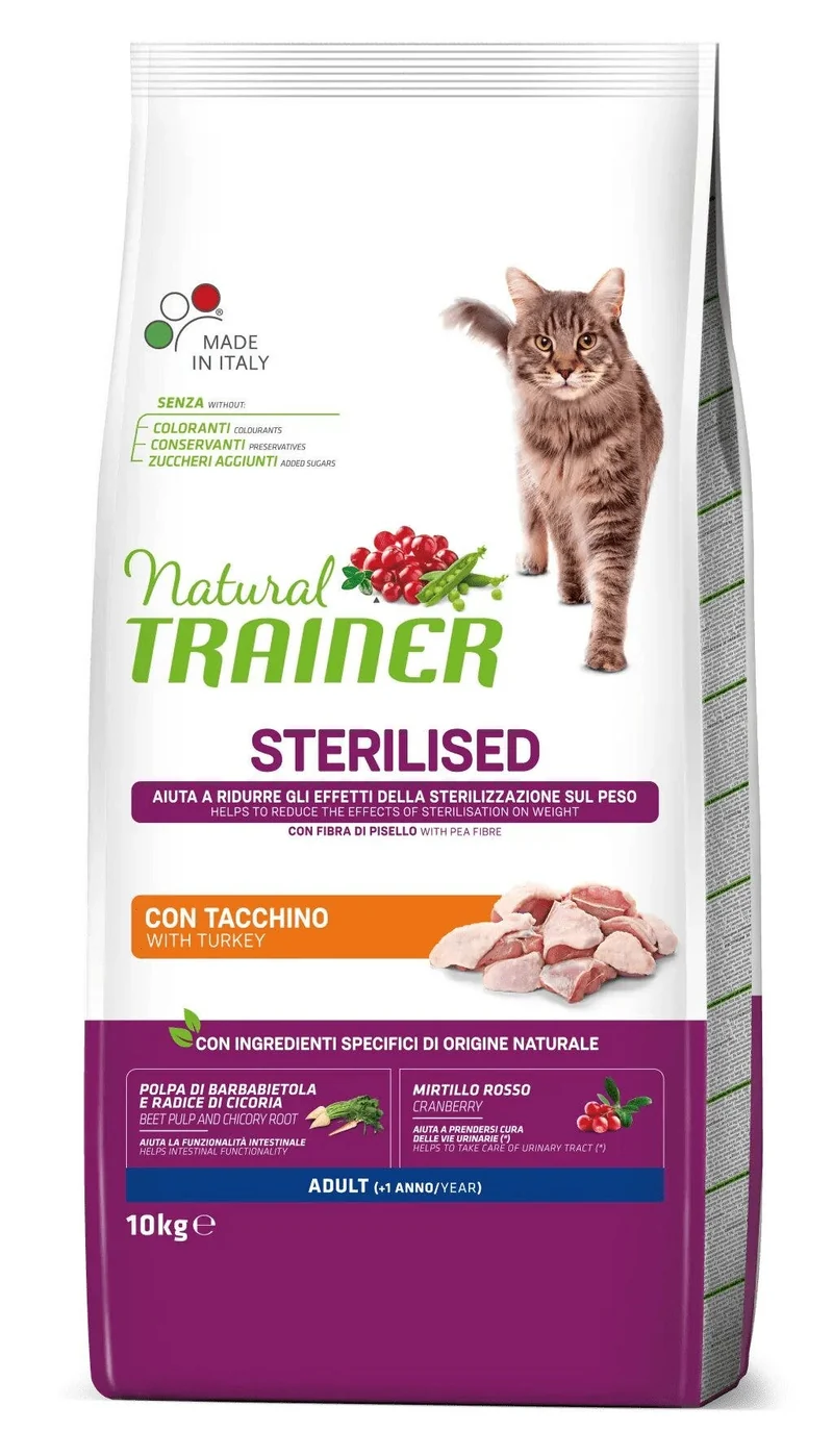 Natural Trainer Sterilised Crocchette Con Tacchino Per Gatti Adulti Sacco 10kg