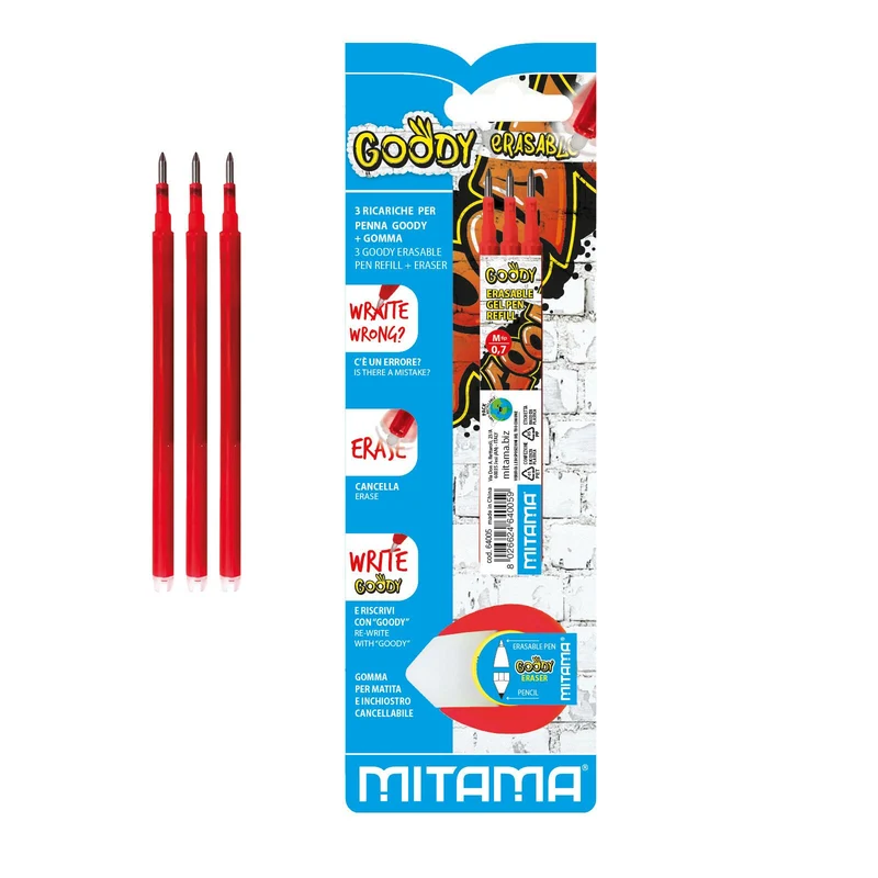 Refill x Penna cancellabile Mitama Goody +Gomma, punta 0,7 Rosso, Bl.3 pz