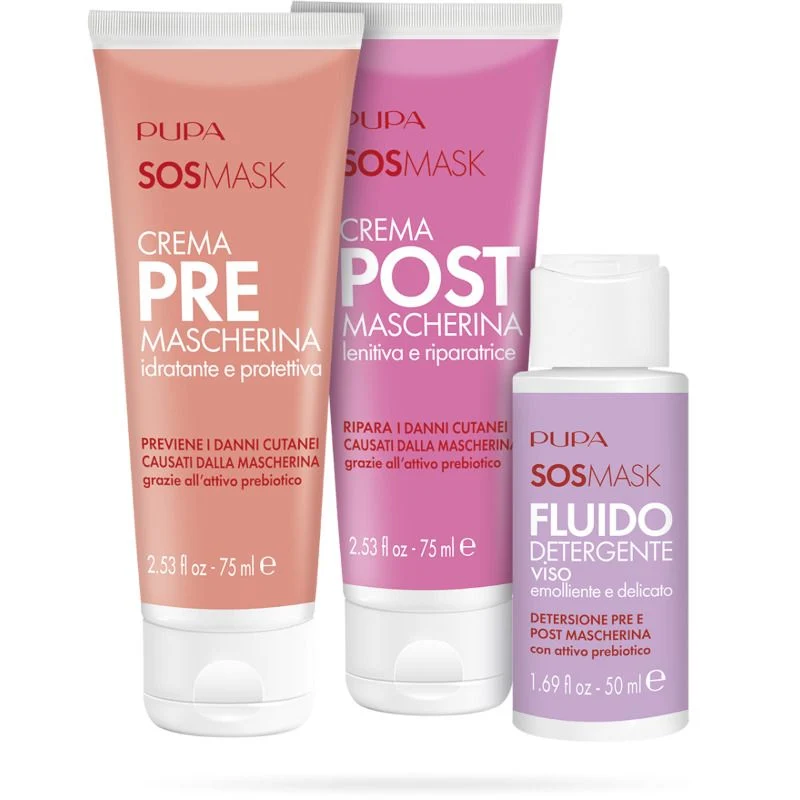 Kit Sos Mask Crema Pre Mascherina 75ml + Crema Post Mascherina 75ml + Fluido Detergente 50ml