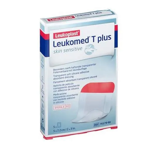 MEDICAZIONE POST-OPERATORIA LEUKOMED T PLUS SKIN SENSITIVE TRASPARENTE IMPERMEABILE CON MASSA ADESIVA AL SILICONE 5X7,2CM 5 PEZZI