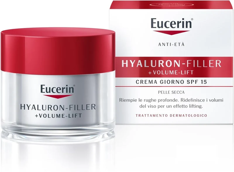 Eucerin Hyaluron-Filler + Volume-Lift Crema Giorno Pelle Secca SPF 15 50 ml, Crema viso antirughe per un effetto lifting immediato, Formula con Acido Ialuronico rimpolpante per pelle secca