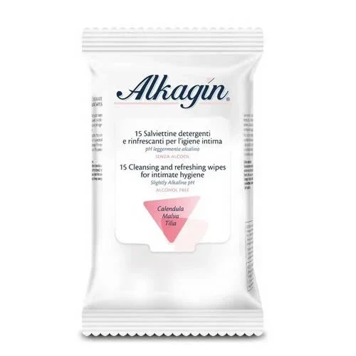 ALKAGIN SALVIETTINE DETERGENTI E RINFRESCANTI PER L'IGIENE INTIMA PH LEGGERMENTE ALCALINO SENZA ALCOOL 15 PEZZI CALENDULA MALVA E TILIA