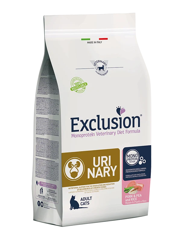 Exclusion Monoprotein Veterinary Diet Urinary Maiale Piselli E Riso Per Gatti Sacco 300g