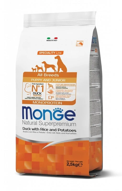 Monge Natural Superpremium All Breeds Anatra con Riso e Patate Cibo Secco Cani Cuccioli Sacco 2,5 Kg