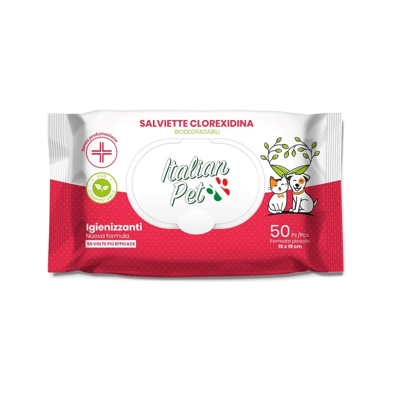 Italian Pet Salviettine Biodegradabili Clorexidina Per Cani/Gatti 15x19cm 50 Pezzi