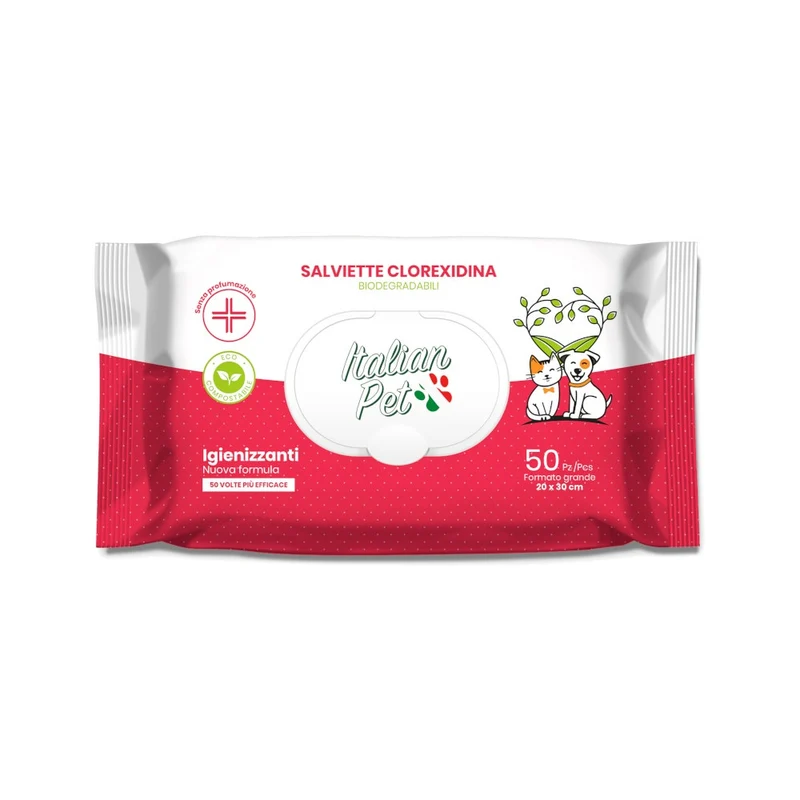 Italian Pet Salviettine Biodegradabili Clorexidina Per Cani/Gatti 20x30cm 50 Pezzi