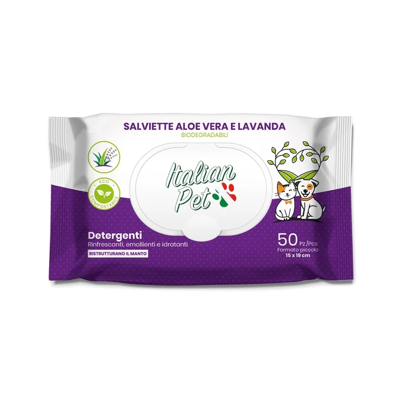Italian Pet Salviettine Biodegradabili Aloe Vera/Lavanda Per Cani/Gatti 15x19cm 50 Pezzi