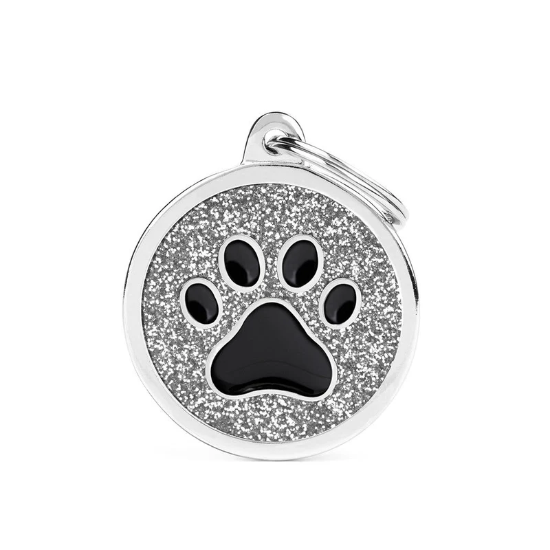 Medaglietta Per Cani E Gatti Personalizzata Cerchio Glitter Con Zampa Nera Taglia Grande