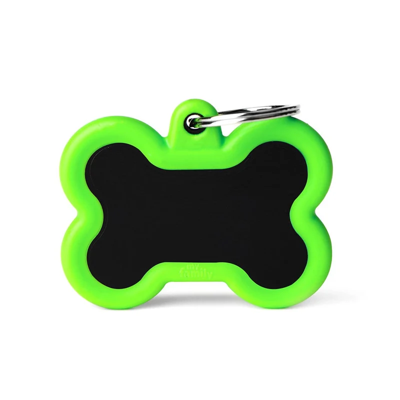 Medaglietta Per Cani E Gatti Personalizzata Osso In Alluminio Nero Con Gomma Verde