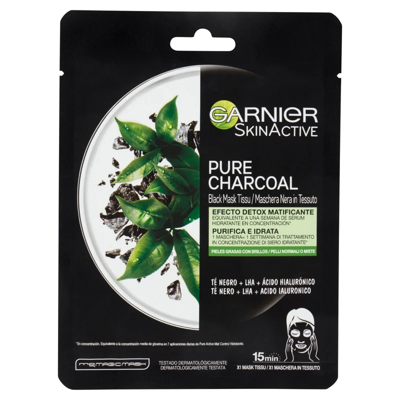 Garnier Maschera in Tessuto Pure Charcoal, Idratante per Pelli Normali o Miste, 32 ml