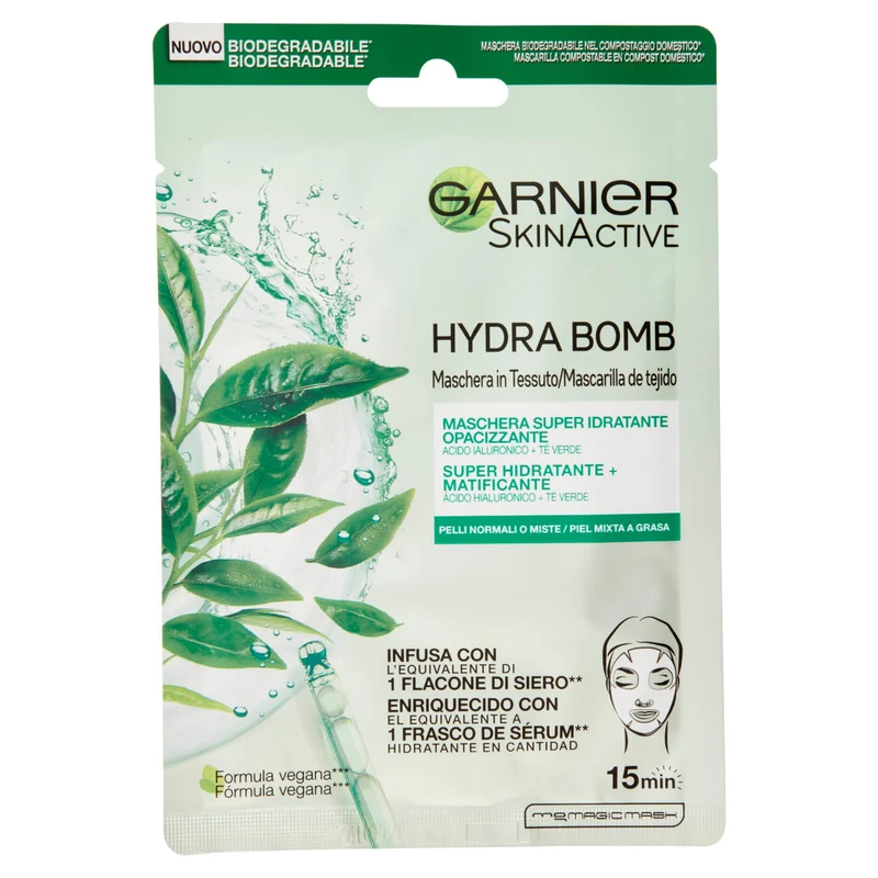 Garnier Maschera in Tessuto HydraBomb, Formula Idratante e Opacizzante per Pelli Miste o Grasse, The Verde, 32 ml