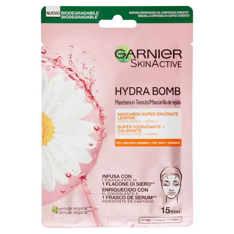 Garnier Maschera in Tessuto HydraBomb, Formula Idratante e Lenitiva per Pelli Secche e Sensibili, Camomilla, 32 ml