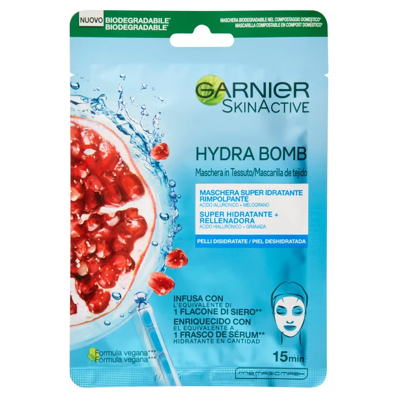 Garnier Maschera in Tessuto HydraBomb, Formula Idratante ed Energizzante per Pelli da Dissetare, Melograno, 32 ml