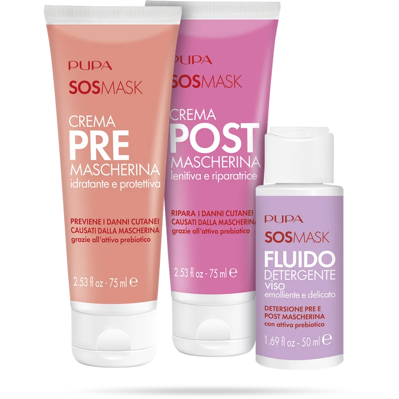 Kit Sos Mask Crema Pre Mascherina 75ml + Crema Post Mascherina 75ml + Fluido Detergente 50ml