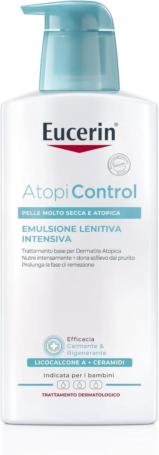 Eucerin Atopi Control Emulsione Corpo Lenitiva Intensiva 400 ml, Crema idratante corpo con Ceramidi per pelle secca e atopica