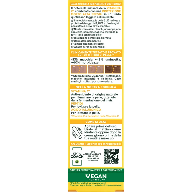 Garnier Skinactive Vitamina C Fluido Anti-UV Anti-Macchie Invisibile SPF 50+, 40ml