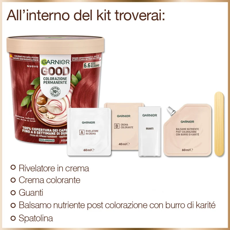 Garnier Good 6.6 Rosso Melograno, colorazione permanente senza ammoniaca, 90% di origine naturale