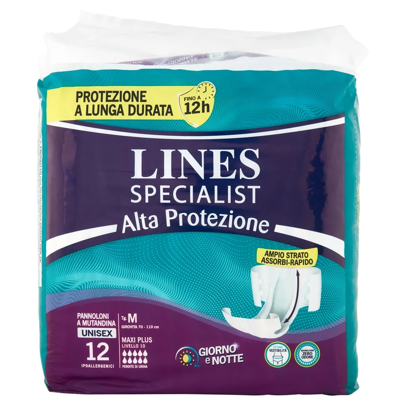 Lines Specialist Alta Protezione Pannoloni a Mutandina Unisex Tg. M Maxi Plus 12 pz