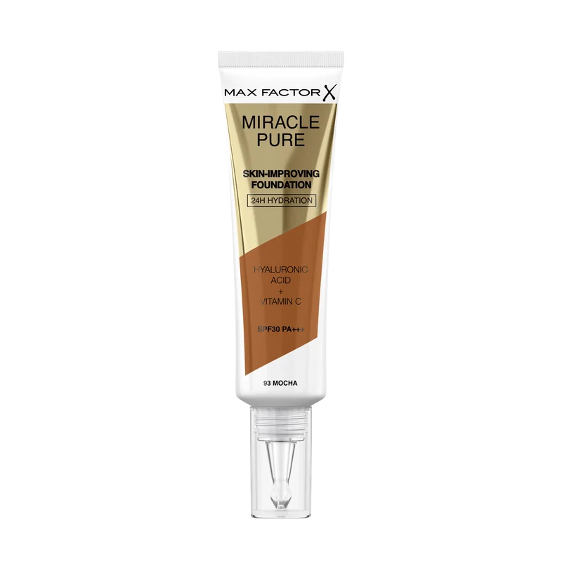 Max Factor Miracle Pure Fondotinta Liquido Idratante, con il 91% di Ingredienti di Origine Naturale, Vitamina C, Acido Ialuronico e SPF 30, 93 Mocha
