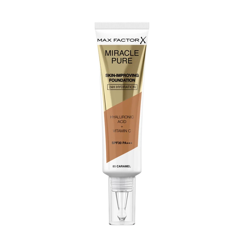 Max Factor Miracle Pure Fondotinta Liquido Idratante, con il 91% di Ingredienti di Origine Naturale, Vitamina C, Acido Ialuronico e SPF 30, 85 Caramel