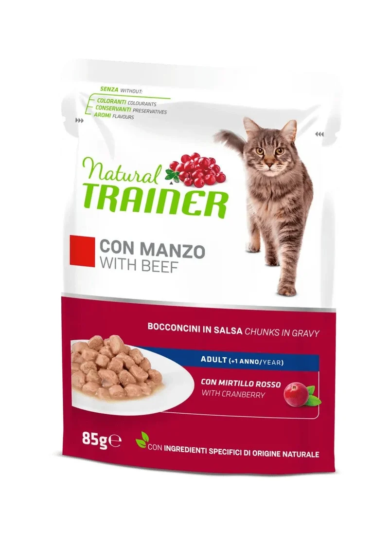 Natural Trainer Gatto Hairball Adult con Manzo Bocconcini in Salsa 85g