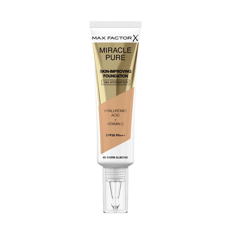 Max Factor Miracle Pure Fondotinta Liquido Idratante, con il 91% di Ingredienti di Origine Naturale, Vitamina C, Acido Ialuronico e SPF 30, 45 Warm Almond