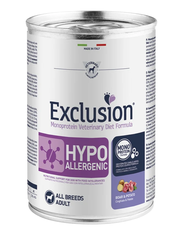 Exclusion Veterinary Diet Formula Hypoallergenic Per Cani Cinghiale/Patate Lattina 400gr