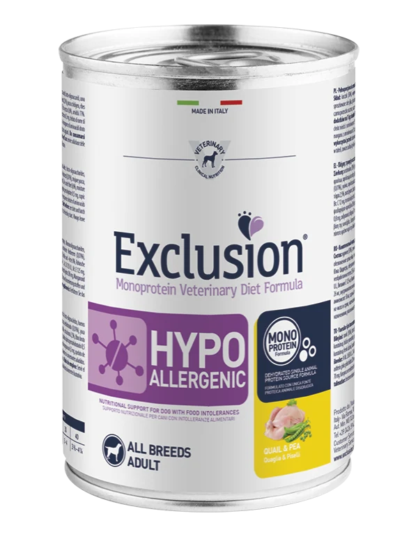 Exclusion Monoprotein Veterinary Diet Formula Hypoallergenic Umido Quaglia/Piselli Per Cani Adulti Lattina 400g