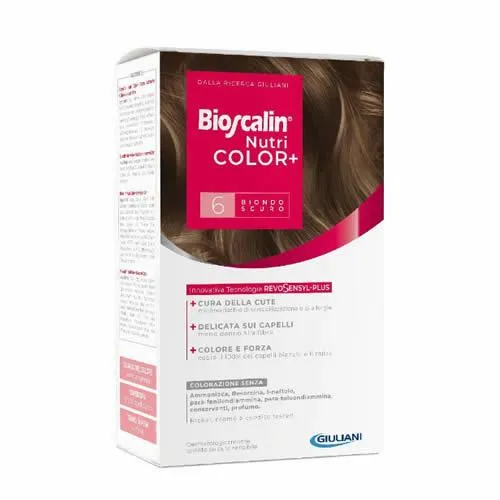 BIOSCALIN NUTRI COLOR+ 6,01 BIONDO SCURO FREDDO CREMA COLORANTE 40 ML + RIVELATORE CREMA 60 ML + SHAMPOO 12 ML + BALSAMO 12 ML + GUANTI USA E GETTA