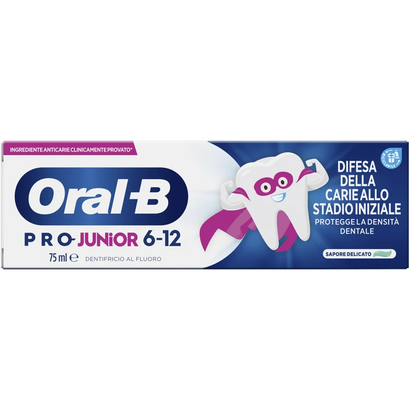 ORAL B - Dentifricio Pro Junior per bambini dai 6 ai 12 anni per la difesa della carie allo stadio iniziale con sapore delicato - 75 ml
