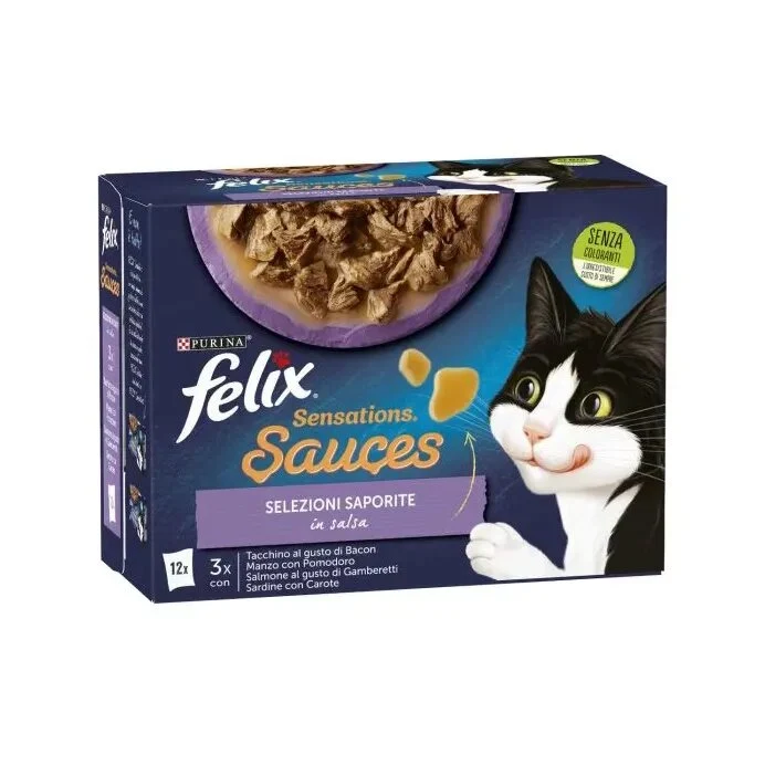 Purina Felix Sensations Sauces Tacchino/Manzo/Salmone/Sardine Cibo Umido Gatti Adulti Busta 12x85g