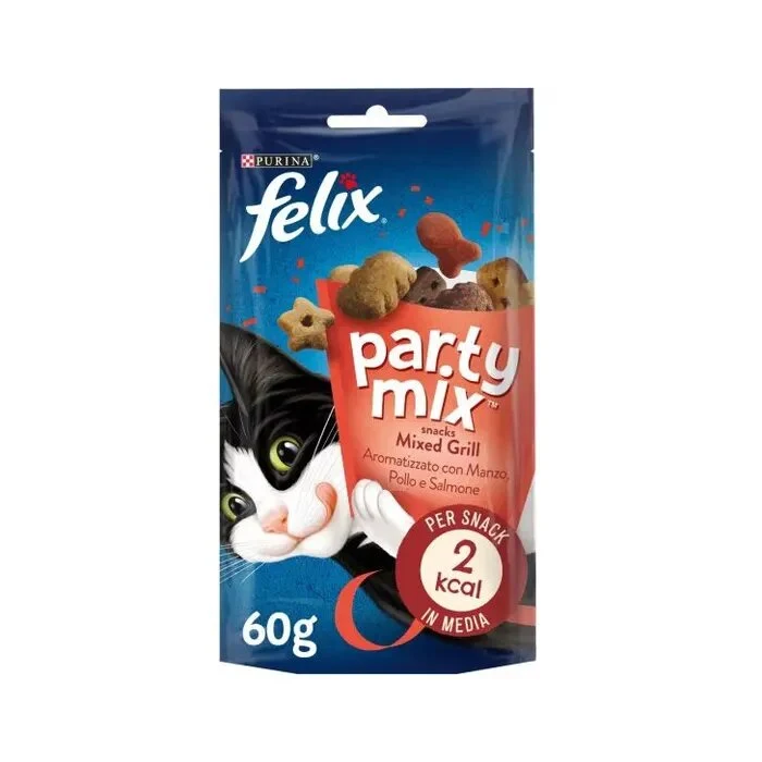 Purina Felix Party Mix Mixed Grill Manzo/Pollo/Salmone Snack Gatti Adulti Busta 60g
