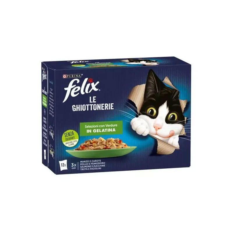 Purina Felix Le Ghiottonerie Manzo/Pollo /Salmone/Trota Con Verdure Cibo Umido Gatti Adulti Busta 12x85g