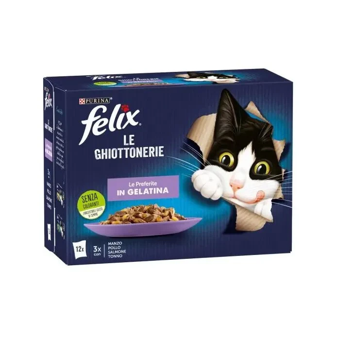 Purina Felix Le Ghiottonerie Gusto Manzo/Pollo/Salmone/Tonno Cibo Umido Gatti Adulti Busta 12x85g