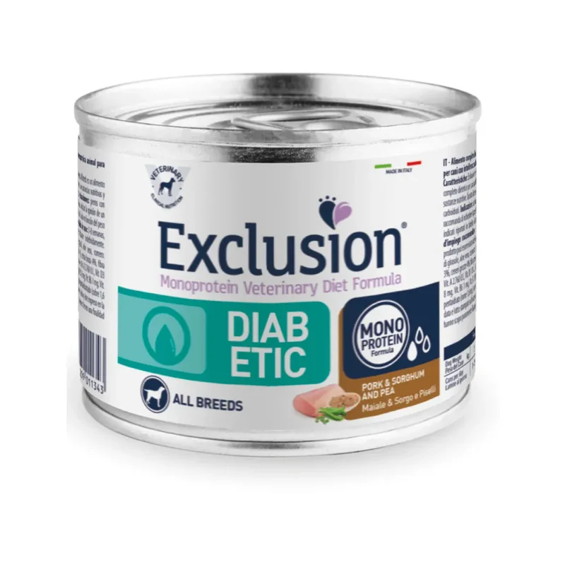 Exclusion Monoprotein Veterinary Diet Formula Diabetic Umido Suino/Sorgo/Piselli Per Cani Adulti 200