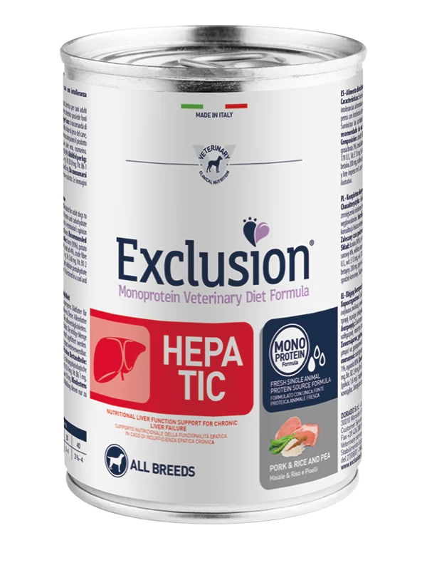 Exclusion Veterinary Diet Hepatic Pork Rice And Pea Cani Adulti Lattina 400g