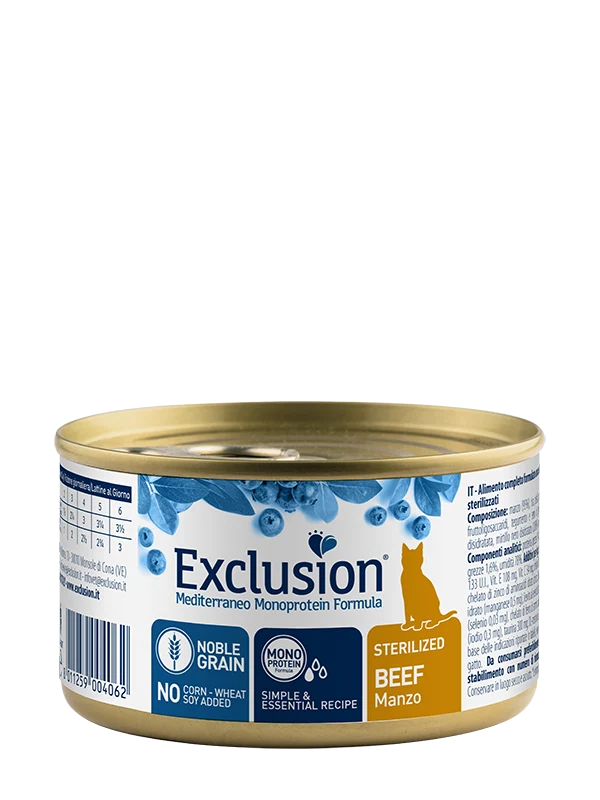 Exclusion Mediterraneo Monoprotein Noble Grain Umido Per Gatti Sterilizzati Al Manzo Lattina 85g