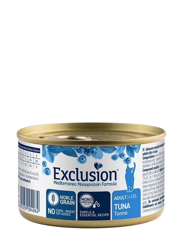 Exclusion Mediterraneo Monoprotein Noble Grain Umido Per Gatti Adulti Al Tonno Lattina 85g