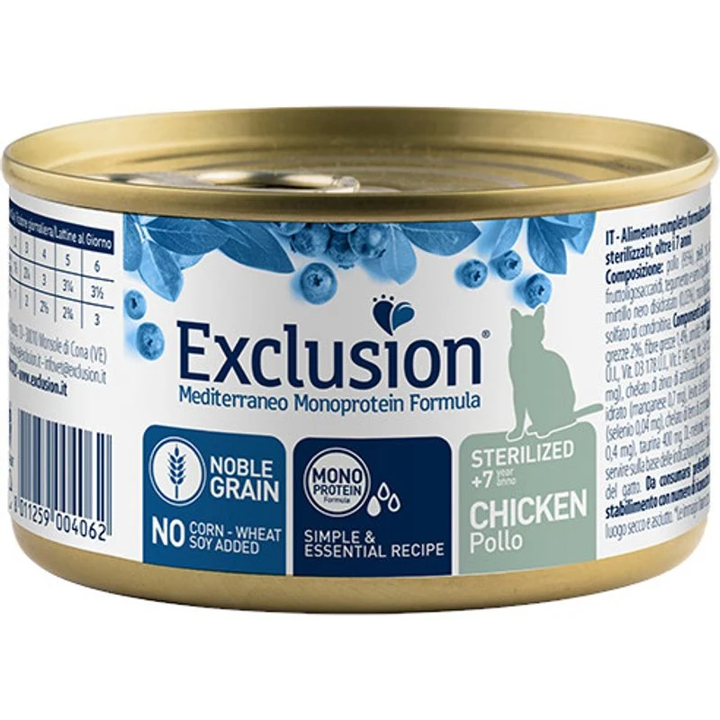 Exclusion Mediterraneo Monoprotein Noble Grain Umido Pollo Gatti Sterilizzati +7Anni Lattina 85g