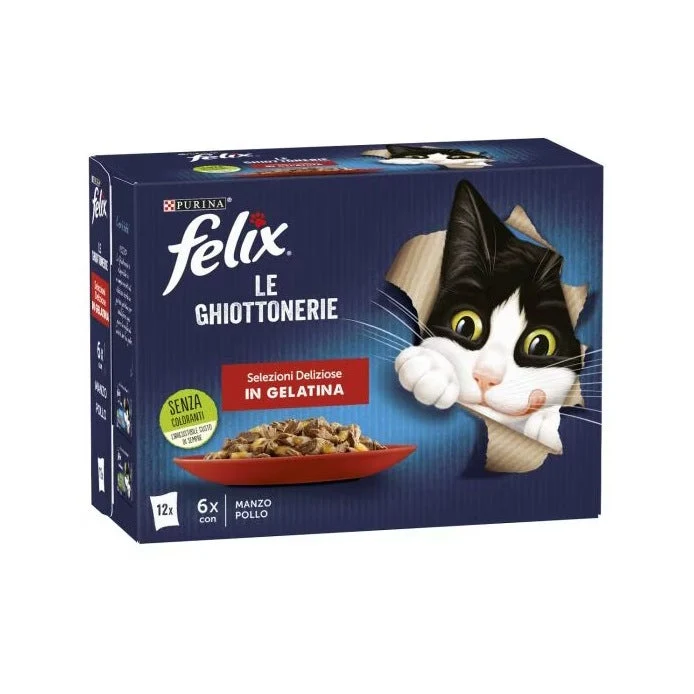 Purina Felix Le Ghiottonerie Selezioni Gusto Manzo/Pollo Cibo Umido Gatti Adulti Busta 12x85g